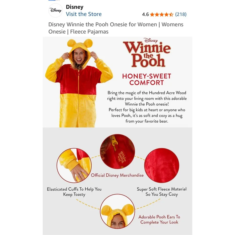 Disney Winnie the Pooh Red Yellow Fleece Hooded Onesie Pajamas  Long Sleeve - Picture 3 of 13
